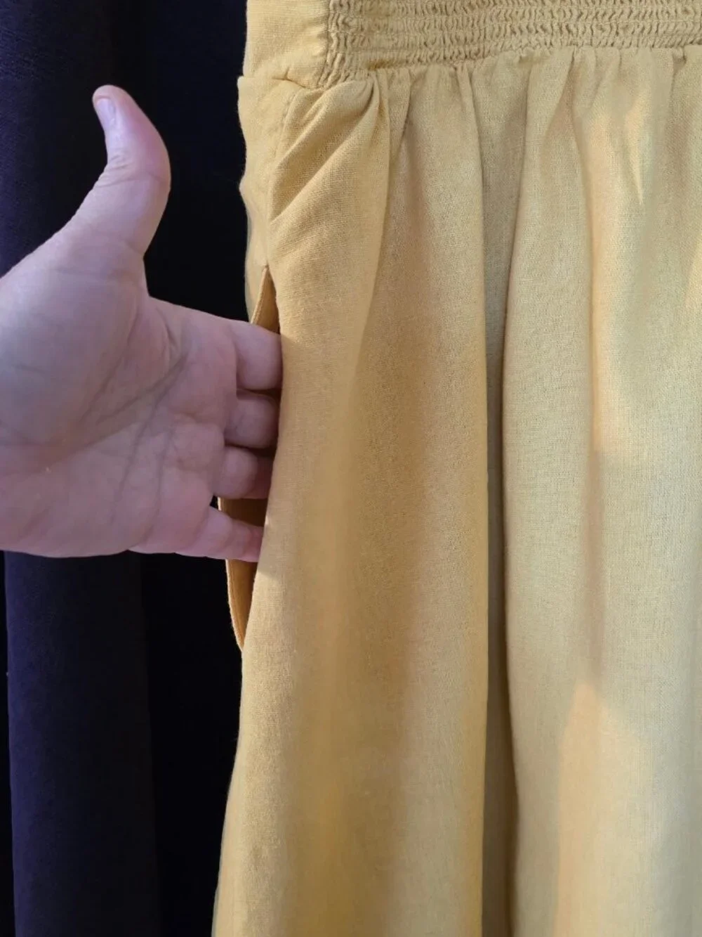 L Navy Mustard Yellow Linen Mini Dress Square Neckline, Thin straps, Fit & Flare